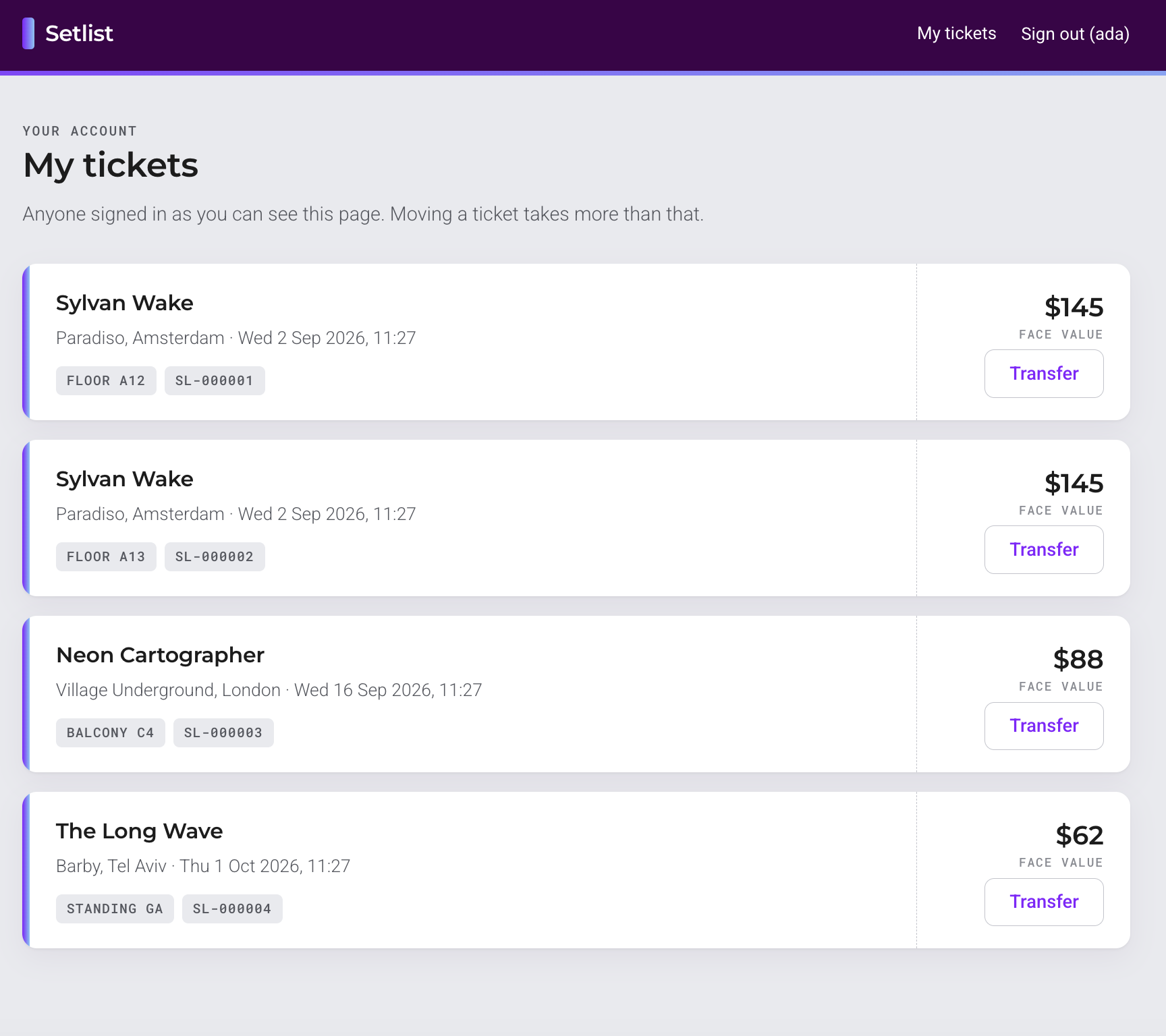The Setlist my-tickets page listing four concert tickets, each showing venue, date, seat, order reference, and a face value between $62 and $145, with a Transfer button.
