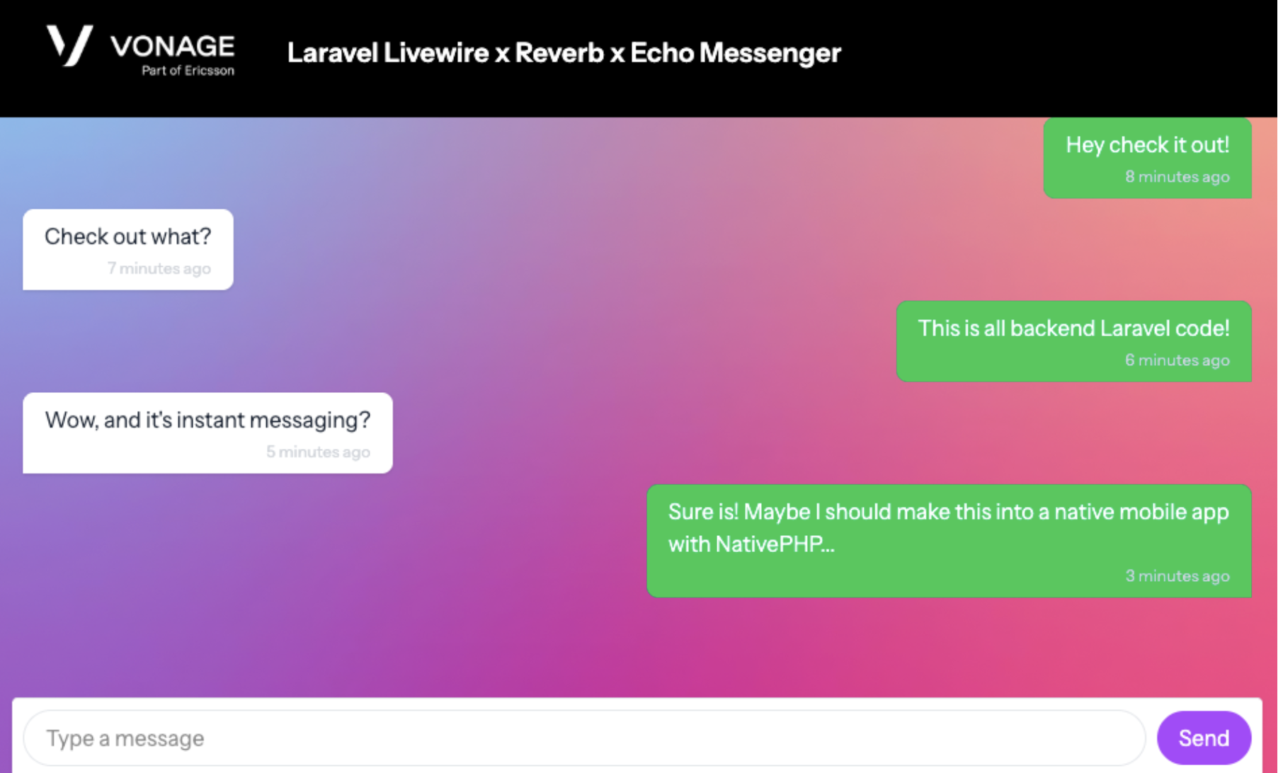 Screenshot showing our complete messenger with some example messages