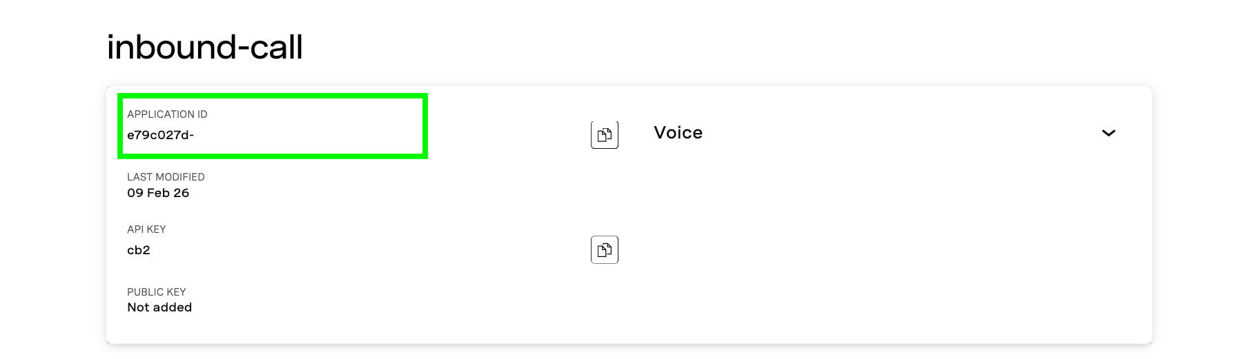 A screenshot of the inbound-call application in the Vonage developer dashboard showing where you can find the application ID.