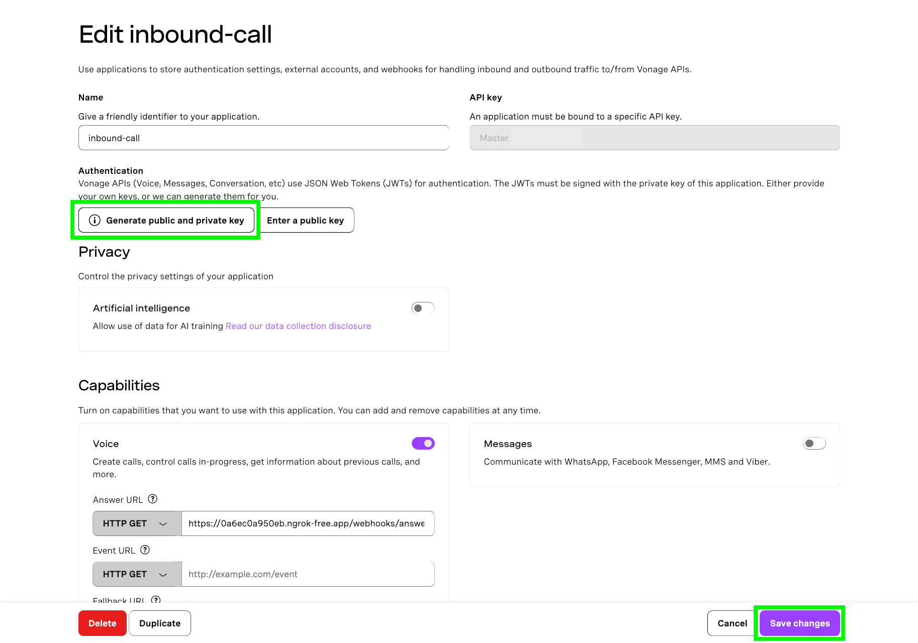 A screenshot of the application Edit menu in the Vonage developer dashboard showing where to generate a public and private key.