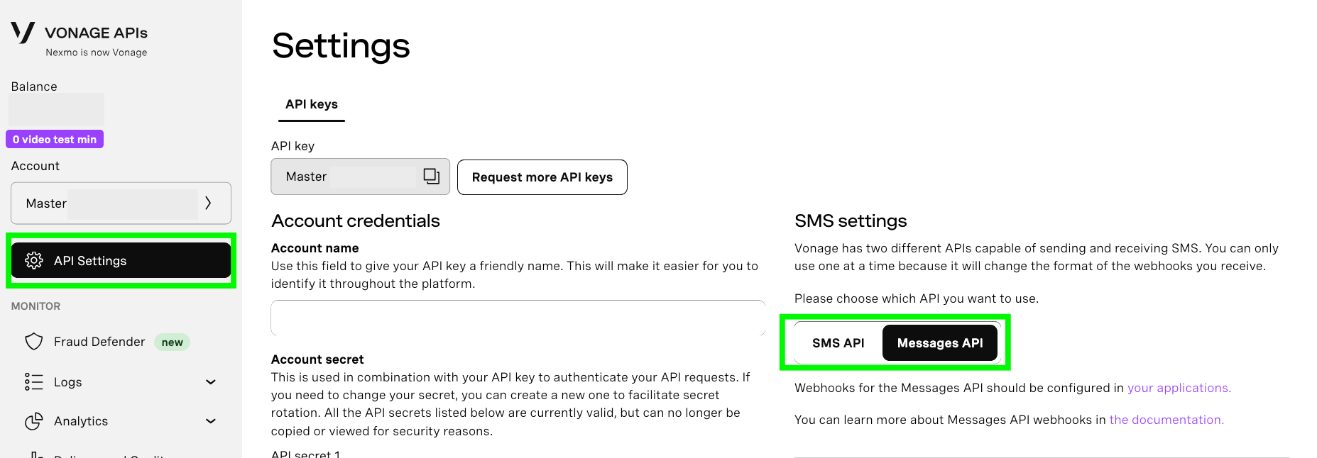 A screenshot of the API Settings menu in the Vonage developer dashboard indicating where to configure the SMS settings to use the Messages API.