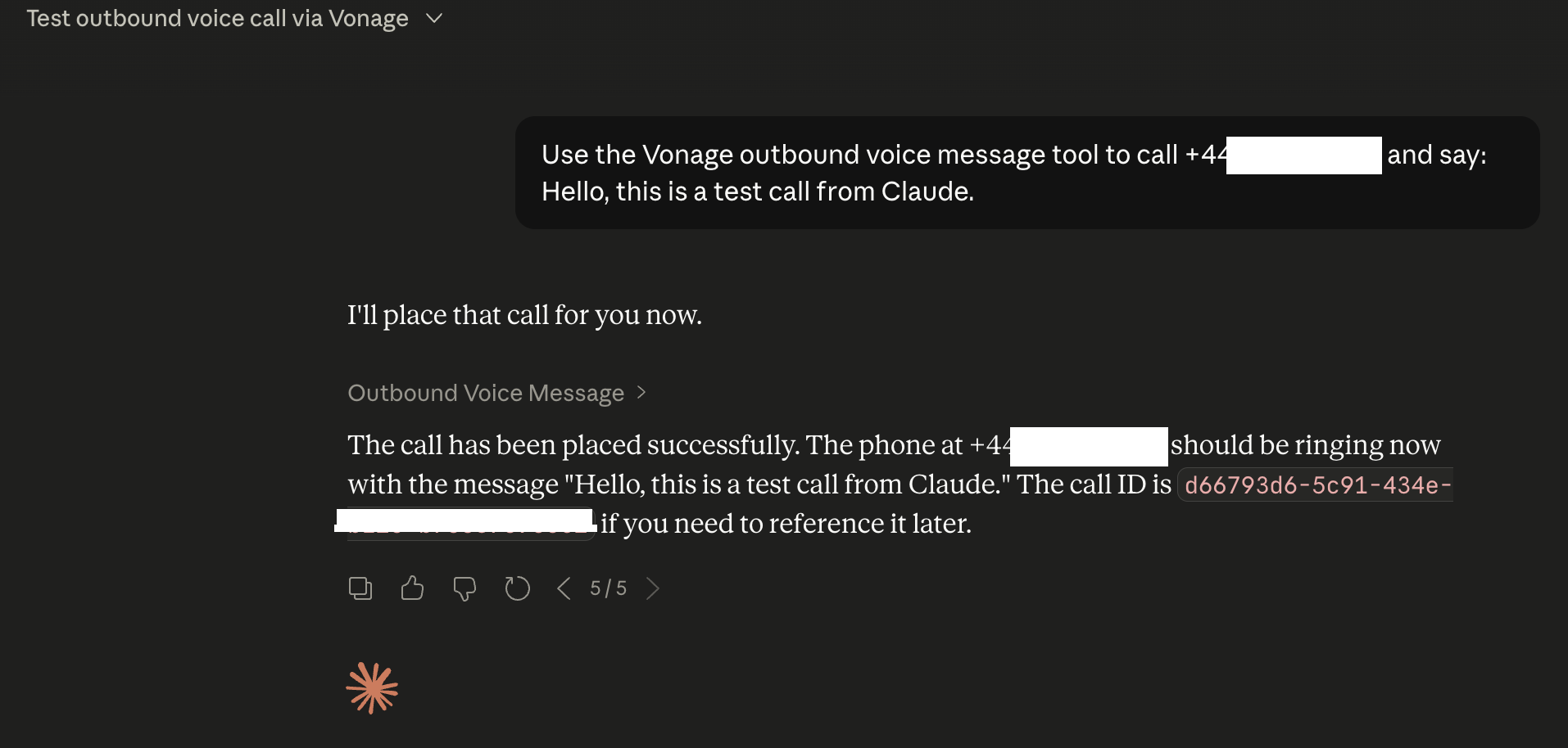 Screenshot of a Vonage outbound voice message tool, confirming a successful test call placement with a specific call ID.