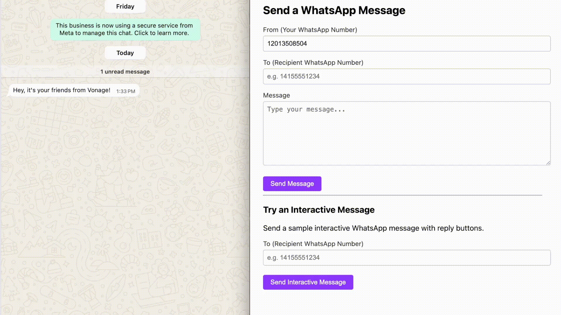 Animated screen capture showing a user clicking ‘Send Interactive Message’ in a Rails web app, resulting in a WhatsApp chat message that includes interactive reply buttons for the recipient.