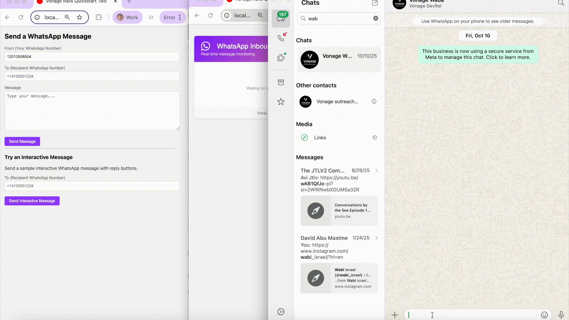 Animated screen recording showing a user sending a WhatsApp message from a web form on the left. The message appears instantly in the WhatsApp Web chat on the right, while the Rails app updates its inbound message viewer to display the new message in real time.