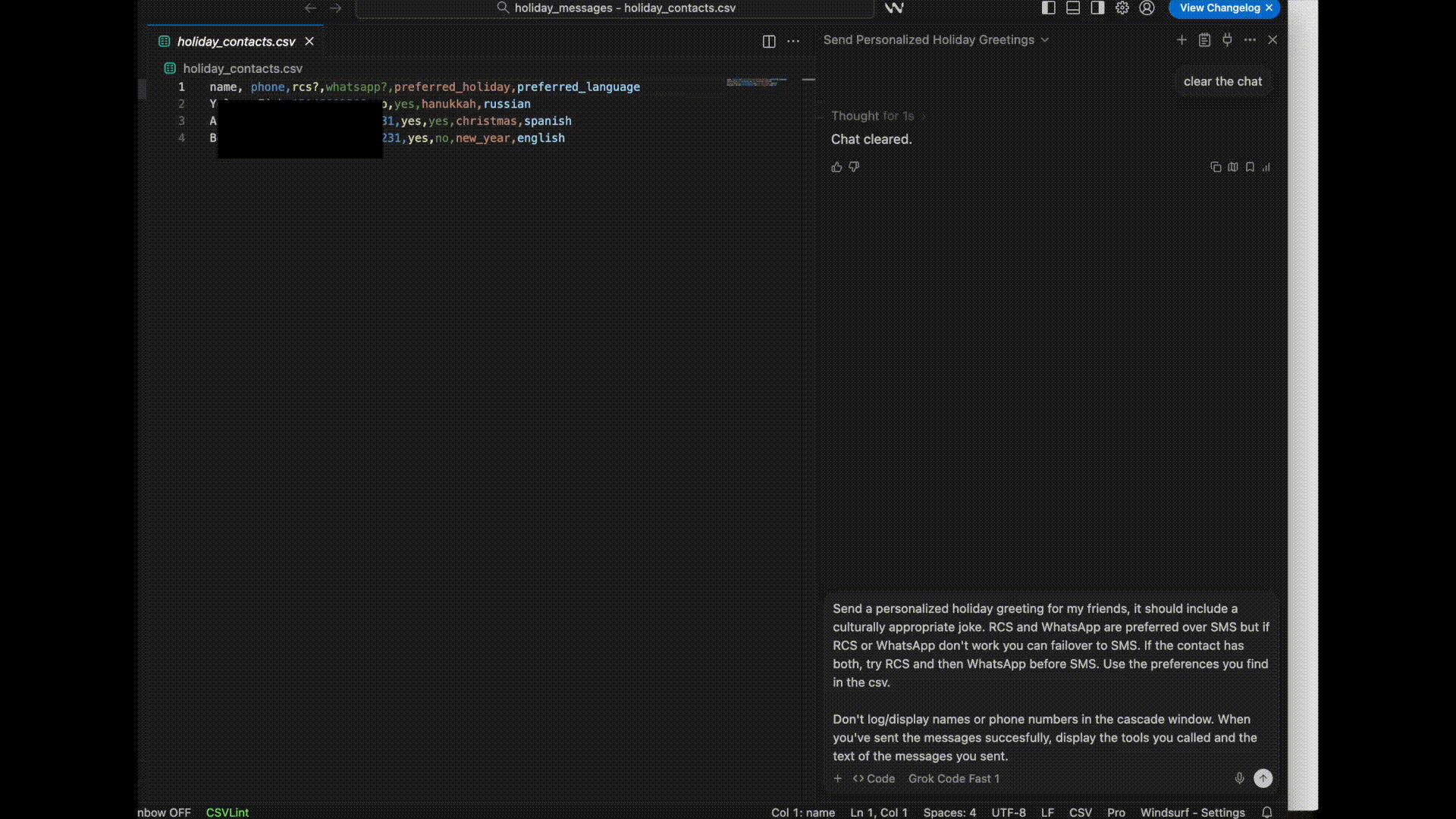 Animated GIF of a developer using Windsurf IDE to prompt an AI agent to send culturally appropriate holiday messages based on a contact list. The CSV includes names, phone numbers, messaging preferences (RCS, WhatsApp), and holiday types. The right panel shows the AI prompt with instructions, while personal data in the CSV is redacted with black boxes.