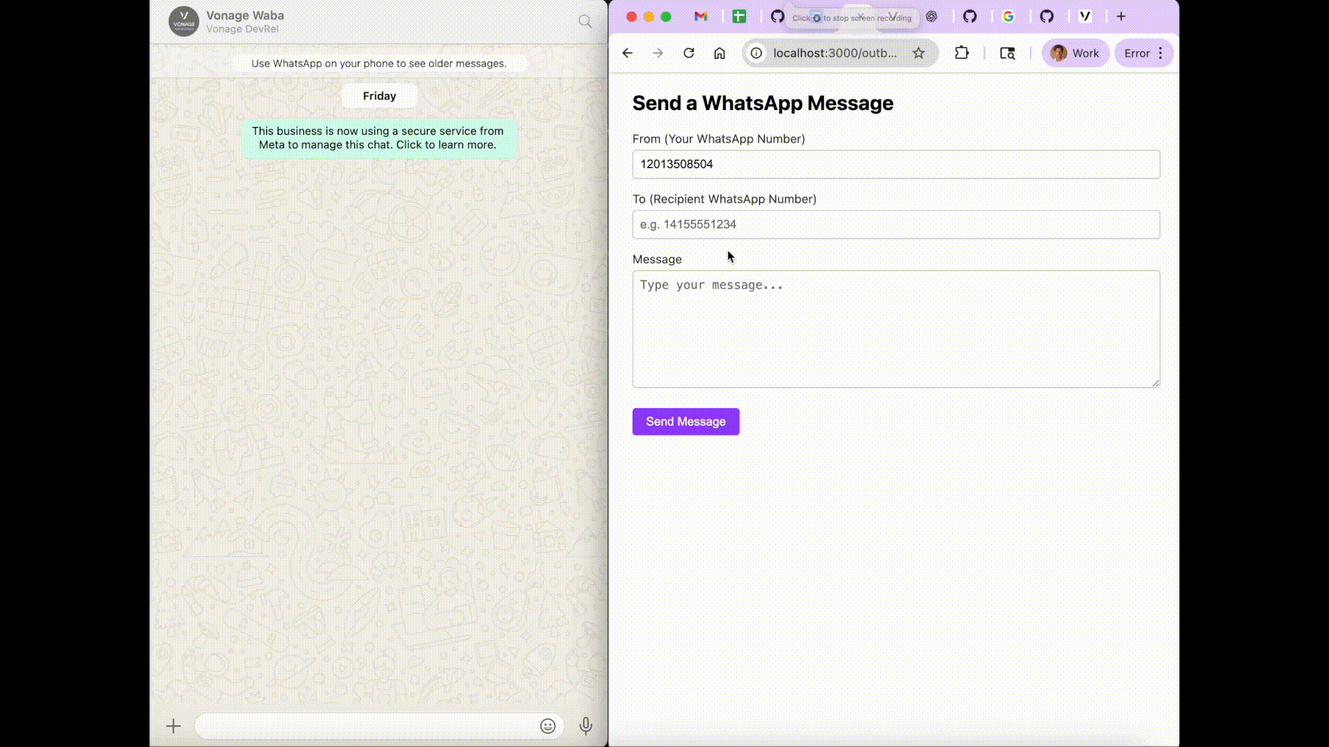 Screen recording showing a user entering recipient details in a Rails web form and successfully sending a WhatsApp message that appears instantly in the WhatsApp Web chat on the left.