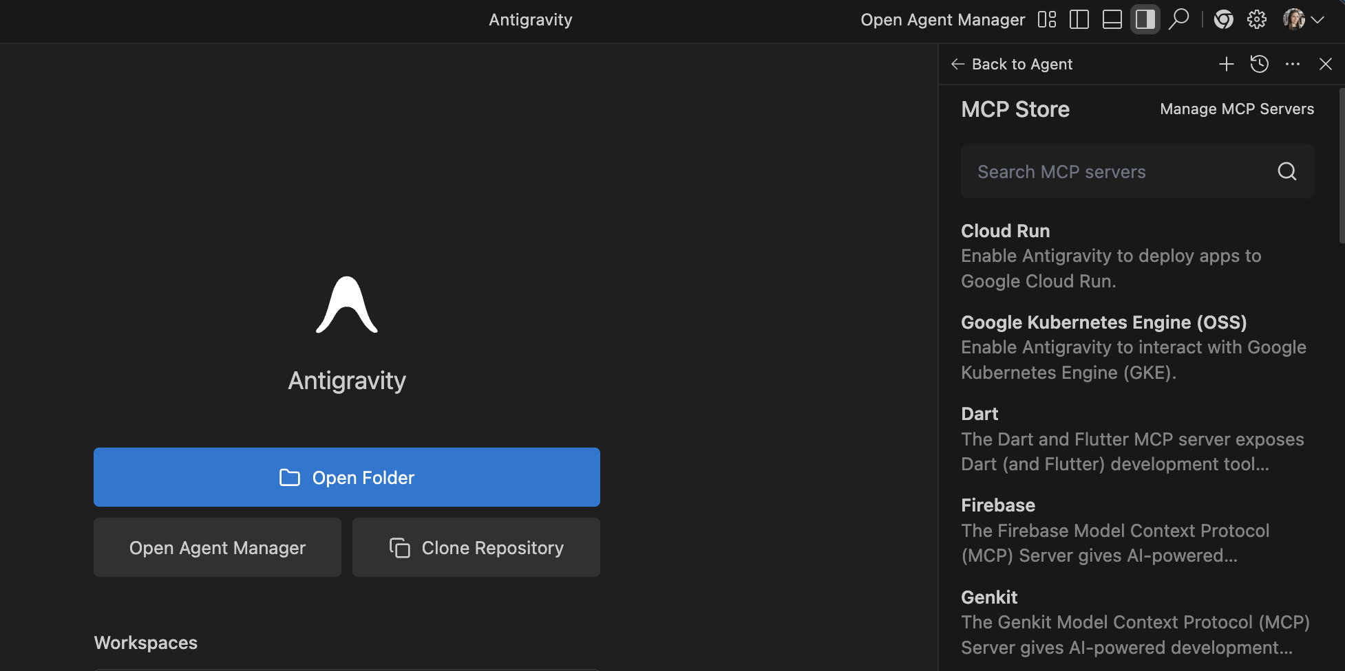 Dark interface of Antigravity software with options to open folder, manage agents, and clone repository. MCP Store features on the right.