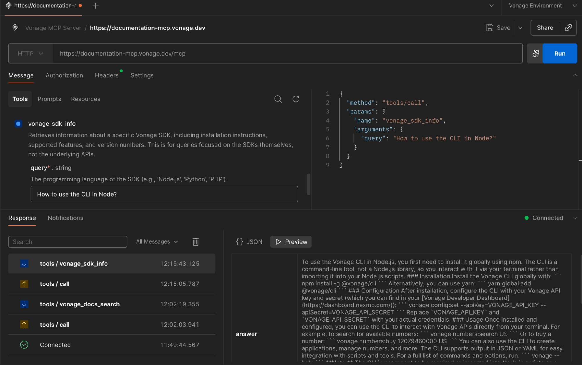 Dark developer UI showing Vonage MCP docs with vonage_sdk_info tool, "How to use the CLI in Node?" query and JSON request/response preview.