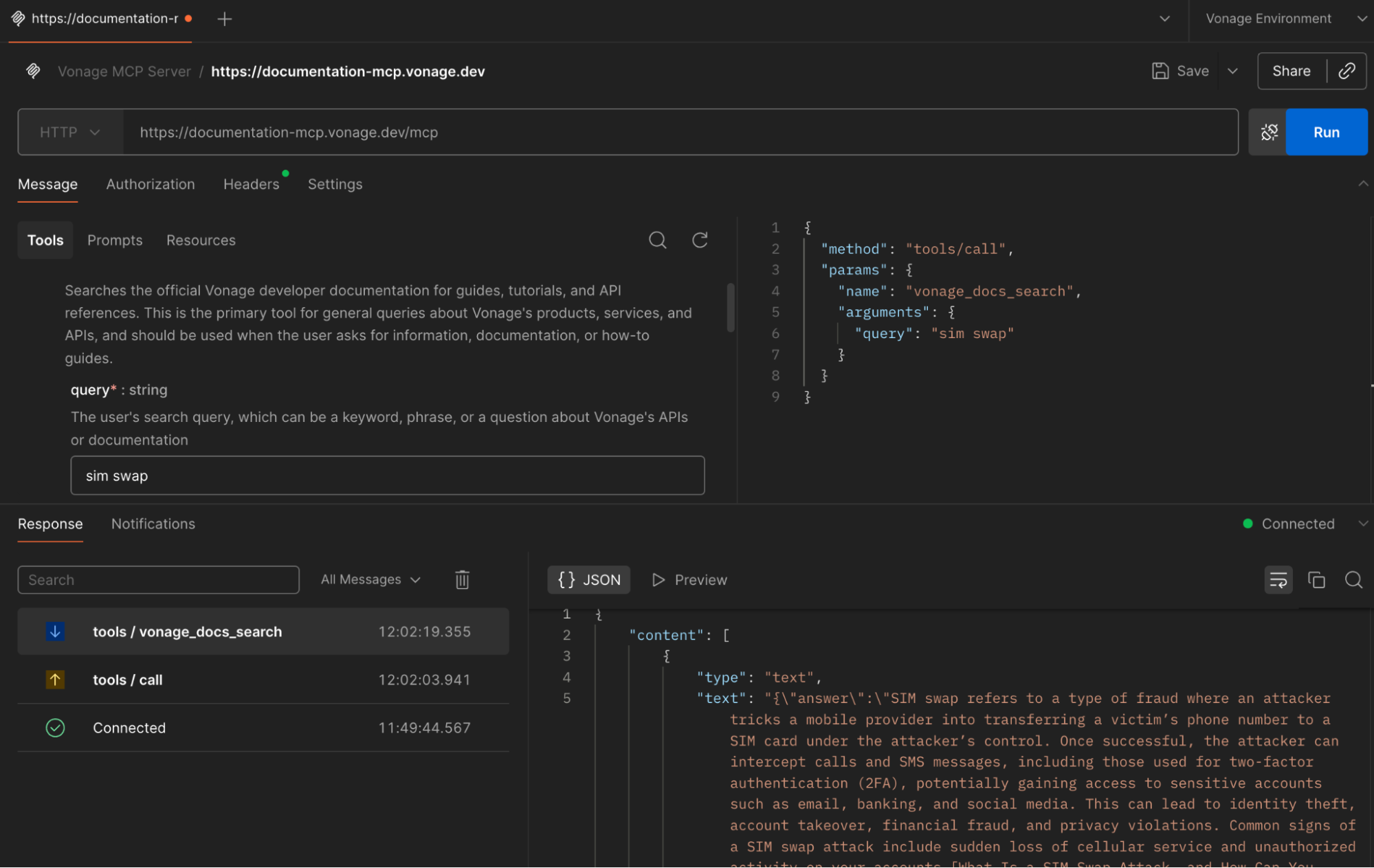 Dark API console (Vonage MCP) showing a "sim swap" query, JSON request on right and JSON response explaining SIM swap in the lower pane.