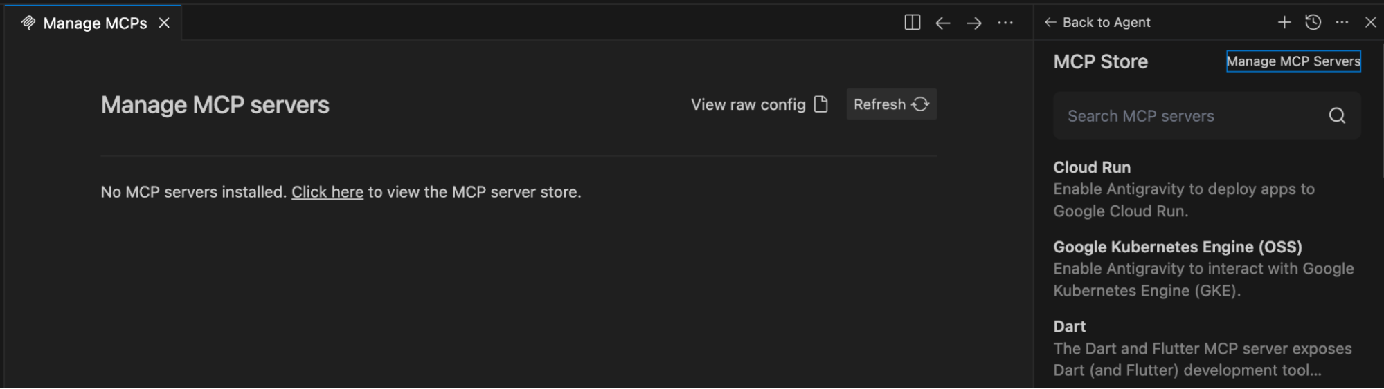 Interface for managing MCP servers, with no servers installed. Options for Cloud Run, Kubernetes, and Dart are shown.