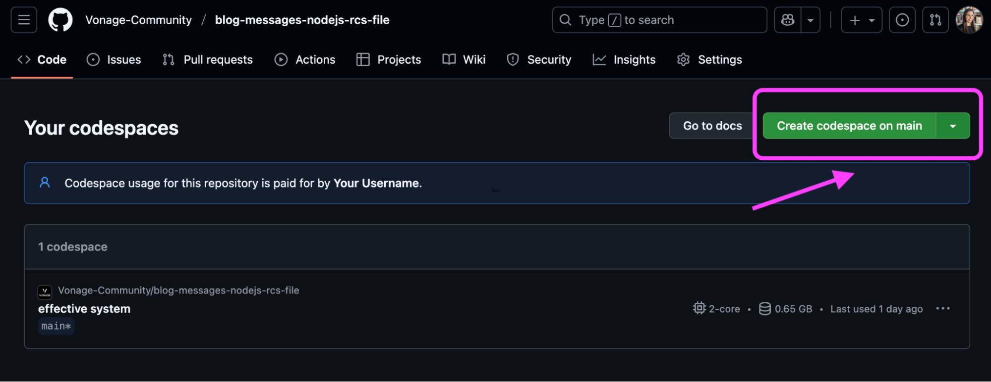 Screenshot of a GitHub repository page highlighting the green button “Create codespace on main” in the Codespaces tab.