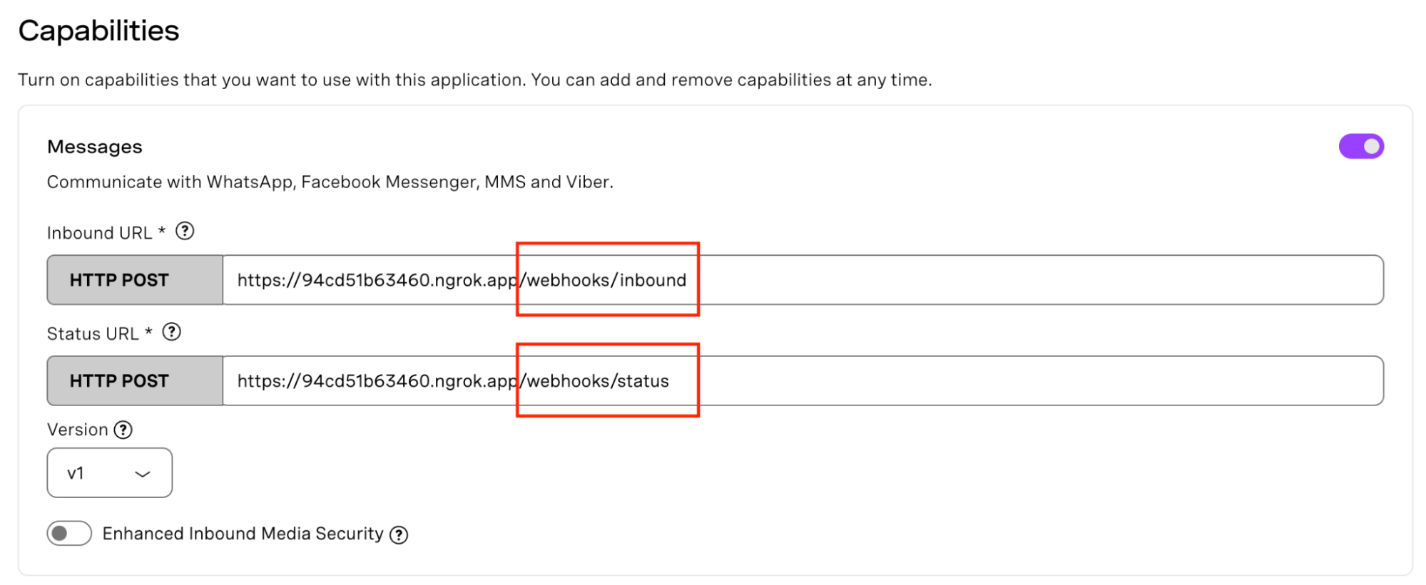 Settings page showing inbound and status URLs for HTTP POST, with toggle for message capabilities enabled.