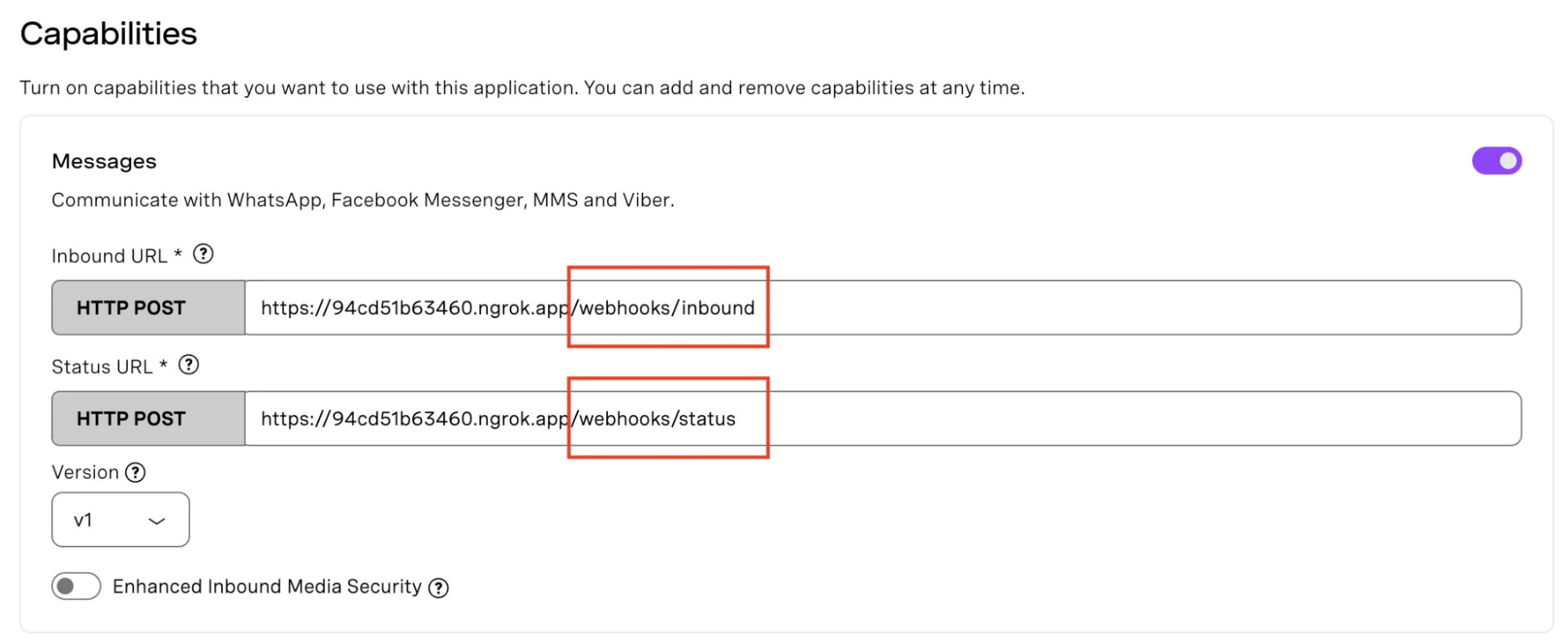 Vonage API dashboard showing ngrok public URL configured for inbound and status webhooks