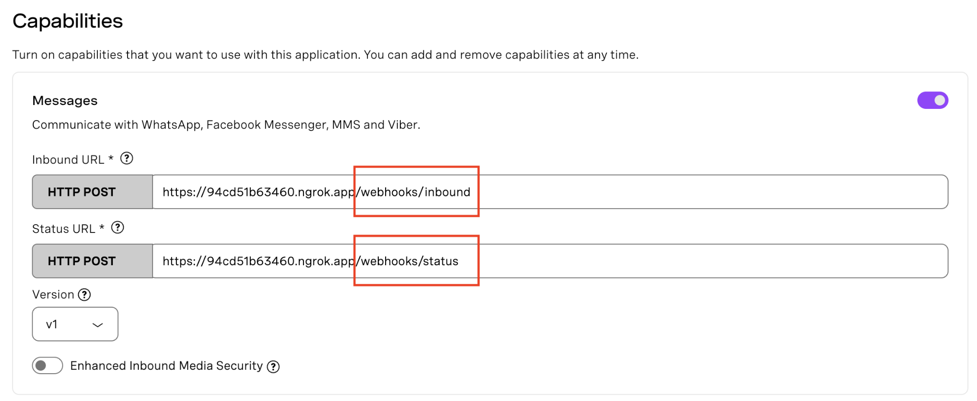 Settings page showing capabilities with inbound and status URLs highlighted. Options include HTTP POST and version selection.