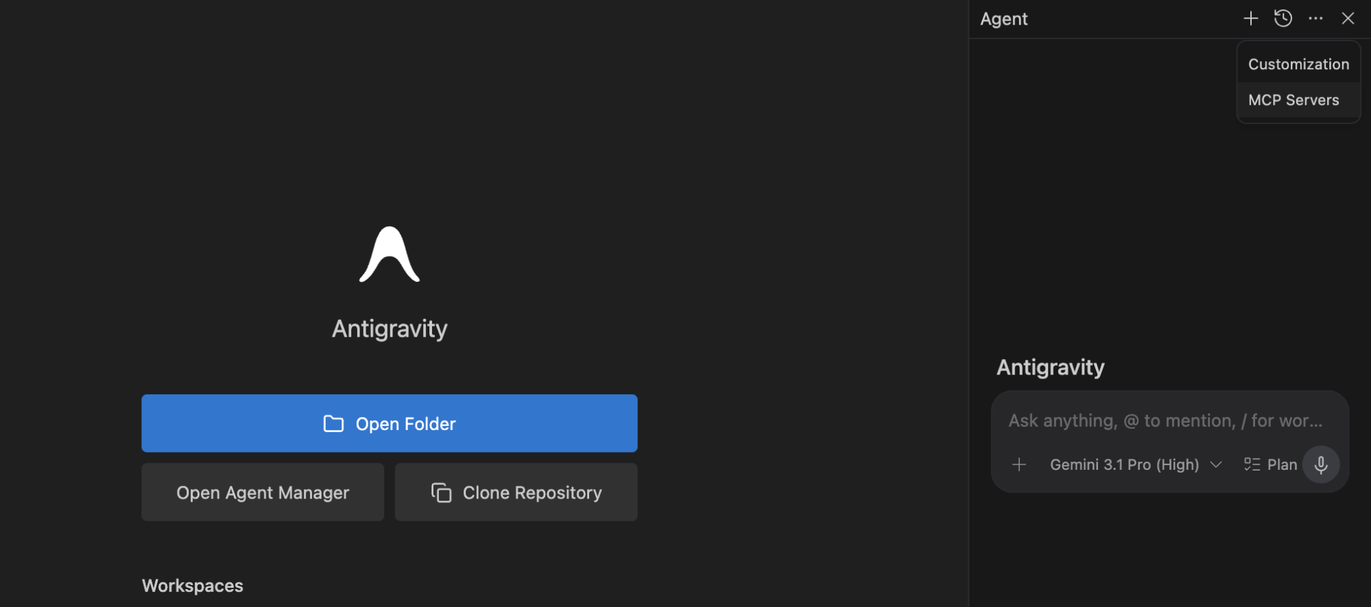 Dark software interface titled "Antigravity" with options for "Open Folder," "Open Agent Manager," and "Clone Repository."