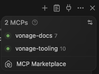 Screenshot of the Cascade MCP panel in Windsurf, showing 'vonage-tooling' listed as an active MCP server with a green status dot and tool count, alongside the MCP Marketplace option.