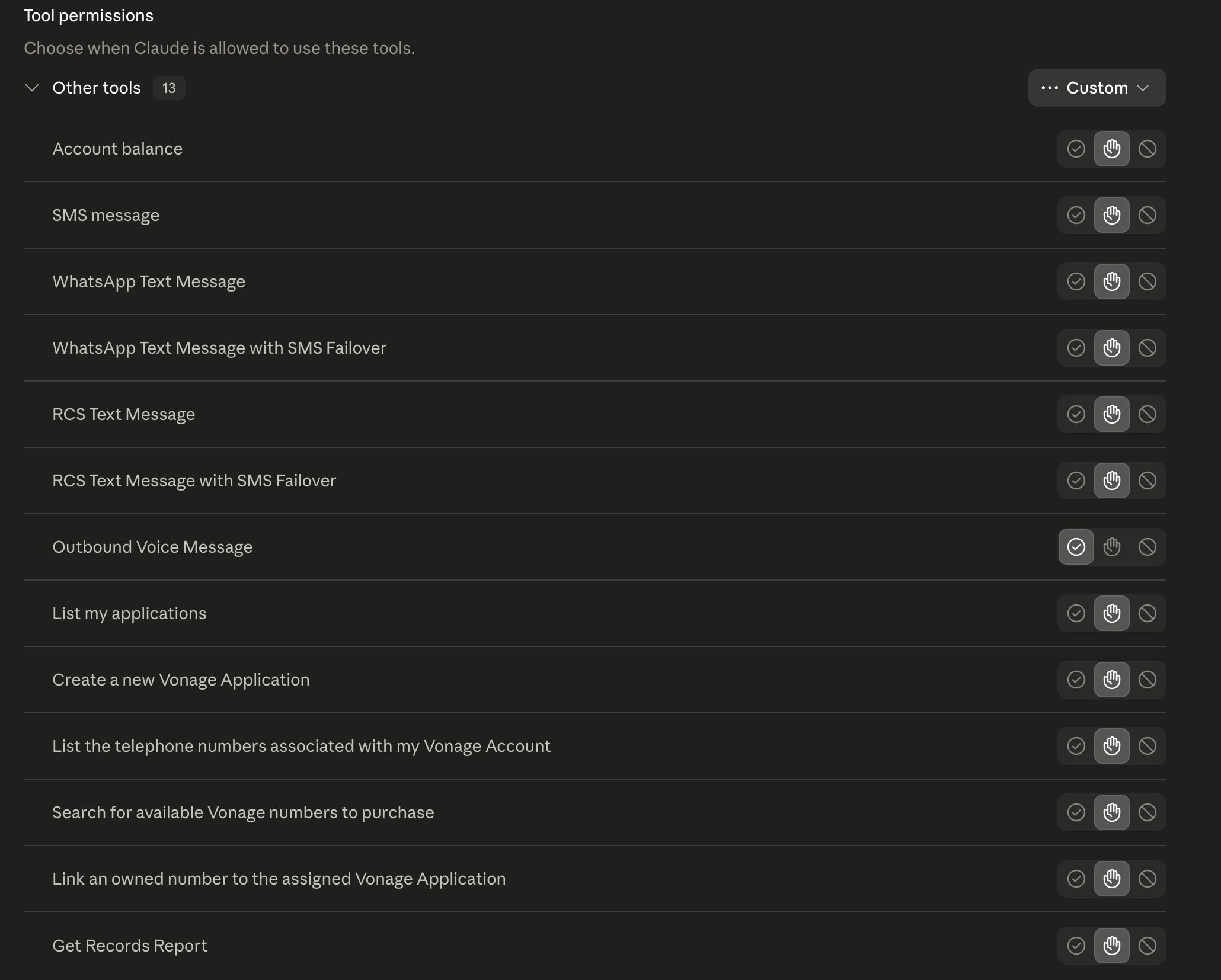 Permissions interface showing various communication tools with options to toggle access settings on or off.