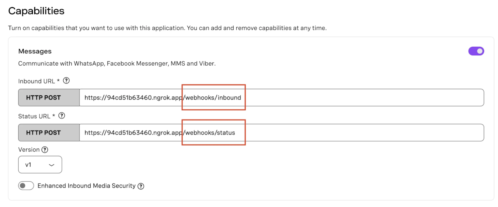 Screenshot showing the Vonage Application dashboard where webhook fields are configured