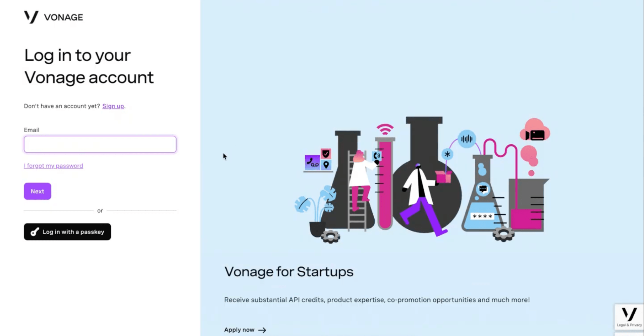 Login page for Vonage with email input, "Next" button, and passkey option. Shows "Vonage for Startups" promotion with illustrated lab equipment.