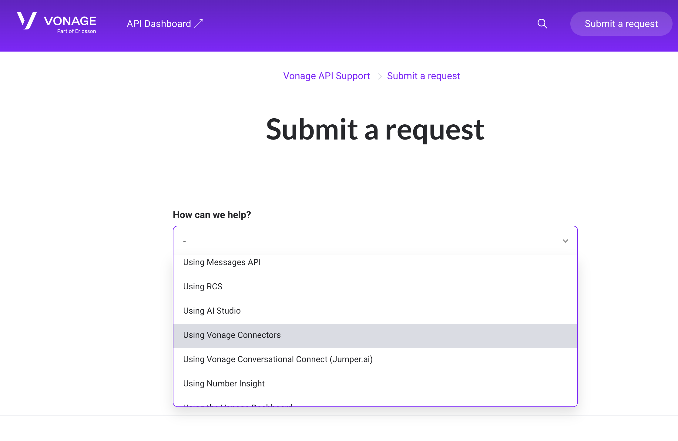 Vonage support page with "Submit a request" header; dropdown menu for selecting support topics like Messages API, RCS, and AI Studio.
