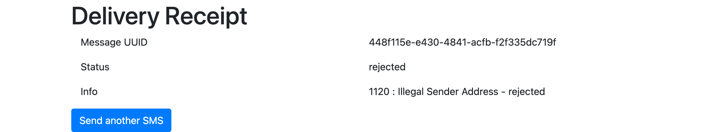 A screenshot of the web app created for the tutorial showing a message delivery receipt.