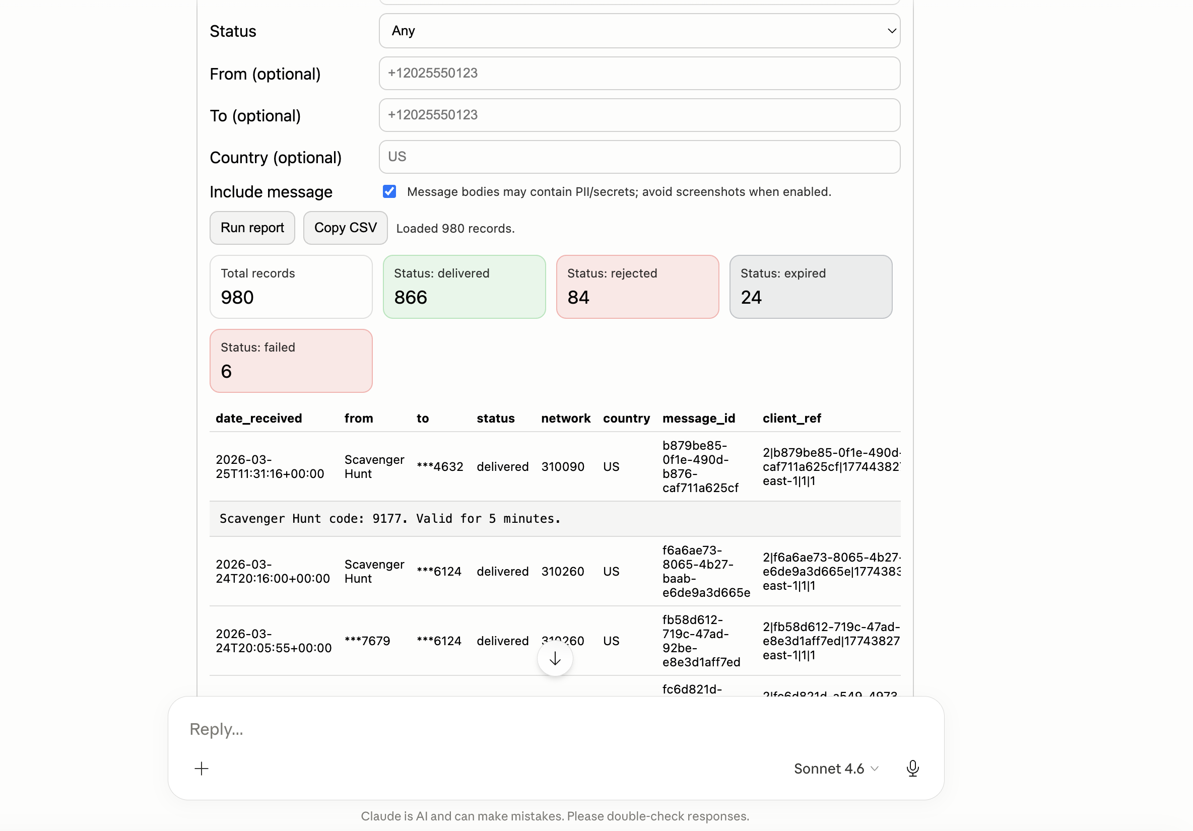 Embedded MCP App dashboard in Claude Desktop showing SMS report results with summary cards for delivery status counts and a table listing message records, including timestamps, sender and recipient, status, network, and country.