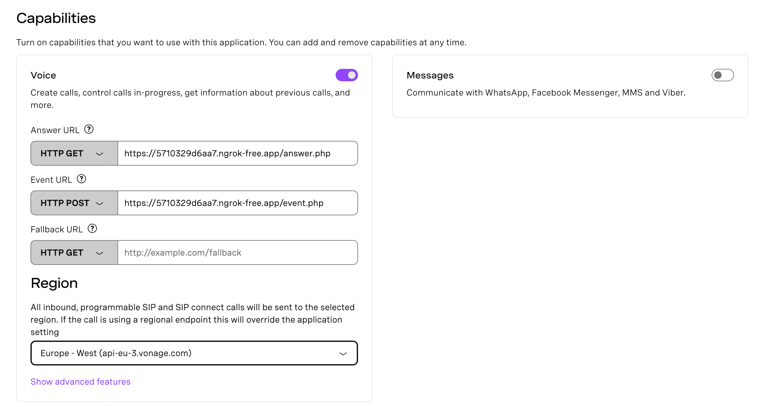 User interface for managing application capabilities, showing voice enabled, answer and event URLs set, and region selected.