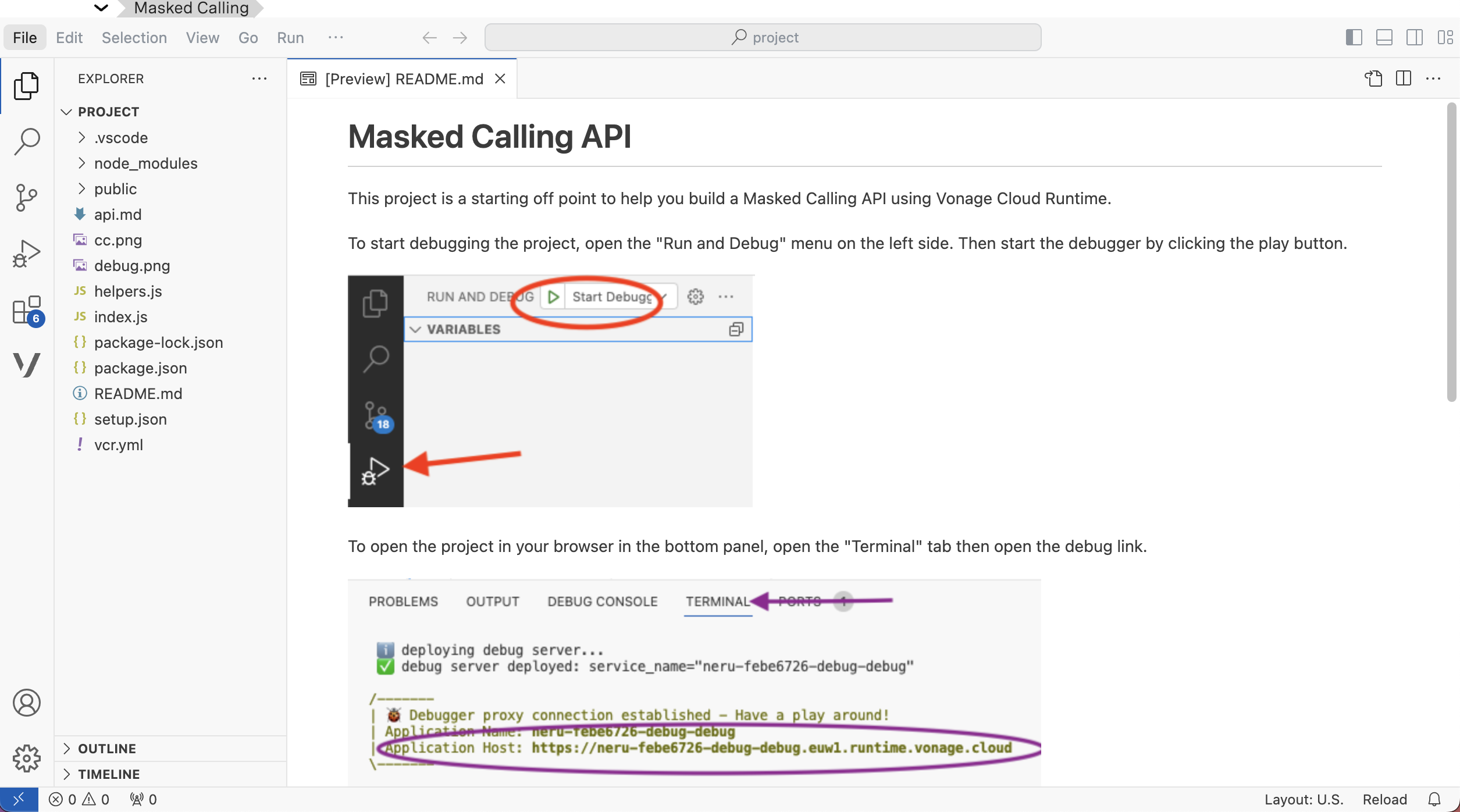 Screenshot of the Masked Calling API project on Vonage Cloud Runtime