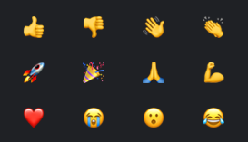 Twelve emojis including thumbs up, thumbs down, waving hand, clapping hands, rocket, party popper, prayer hands, flexed biceps, red heart, crying face, shocked face, and face with tears of joy, displayed on a dark background.