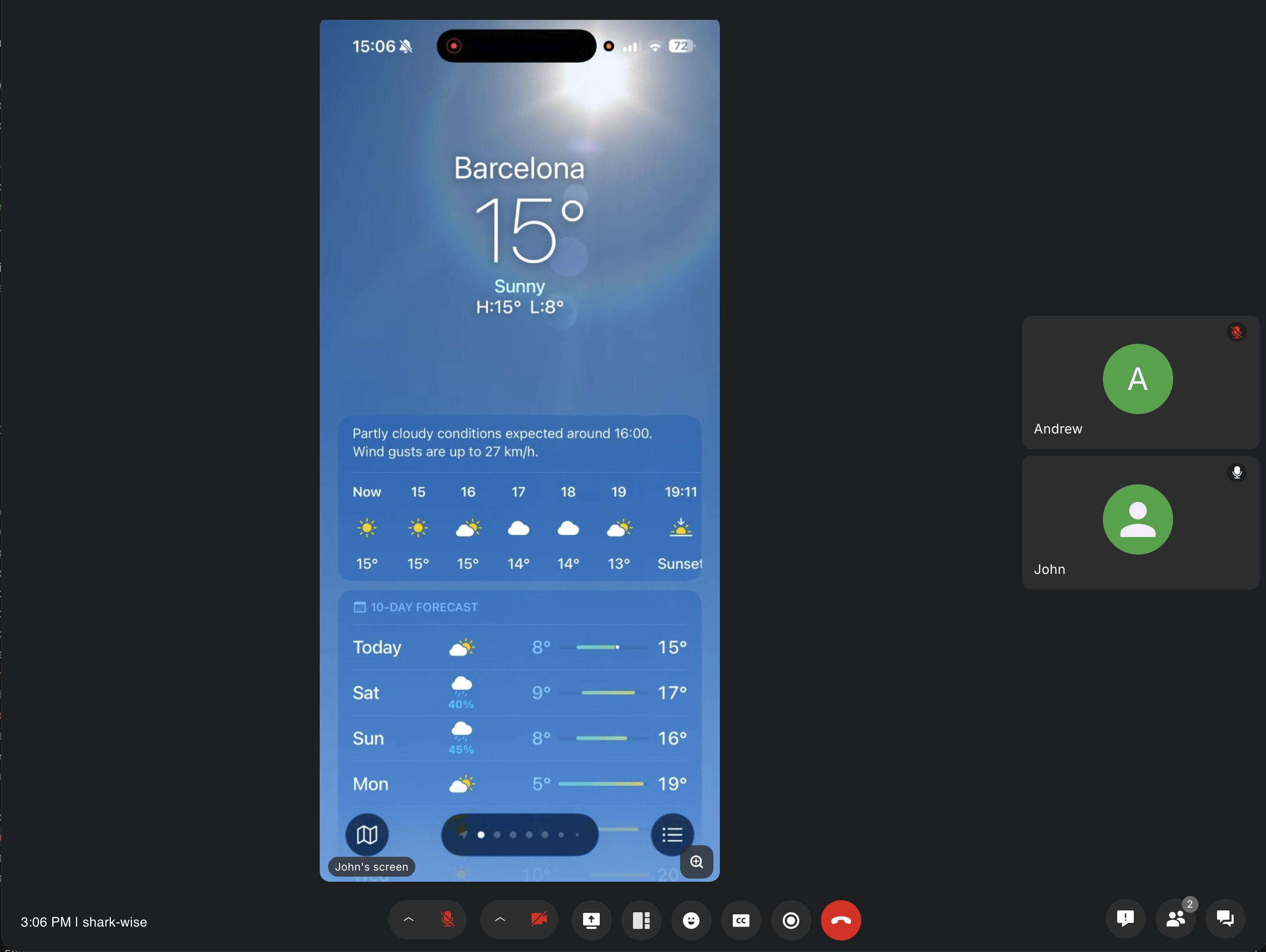 Video call interface with two participants, one of them screensharing from an iOS device.