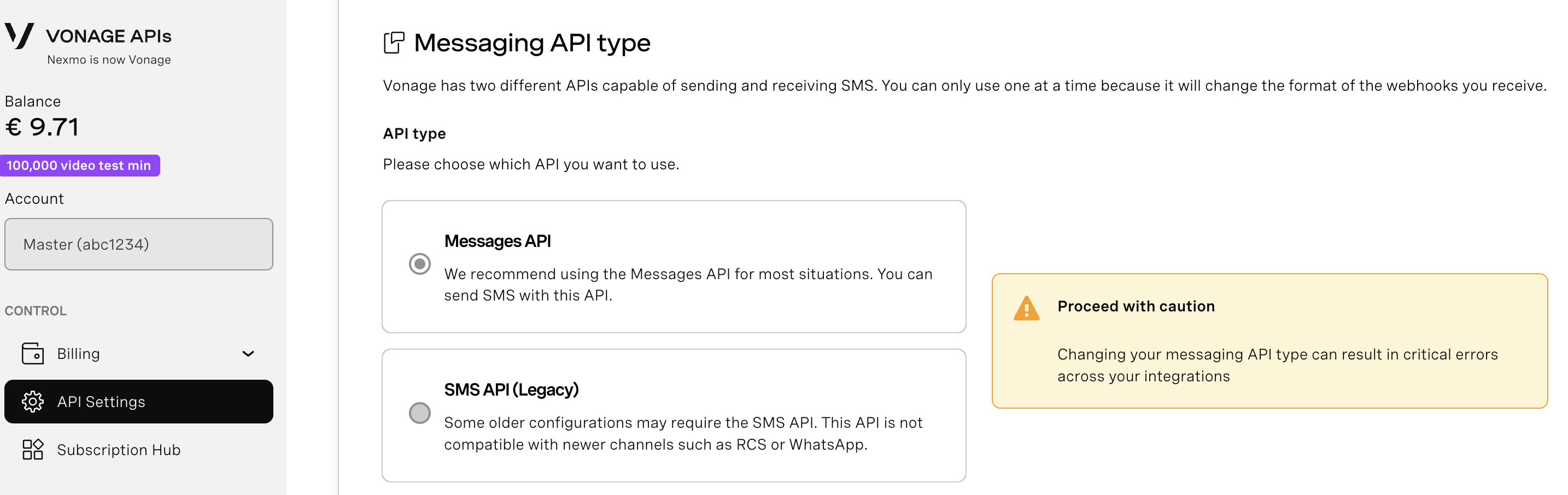 Messaging API selection screen for Vonage with options for Messages API and SMS API (Legacy), and a caution note about potential errors.