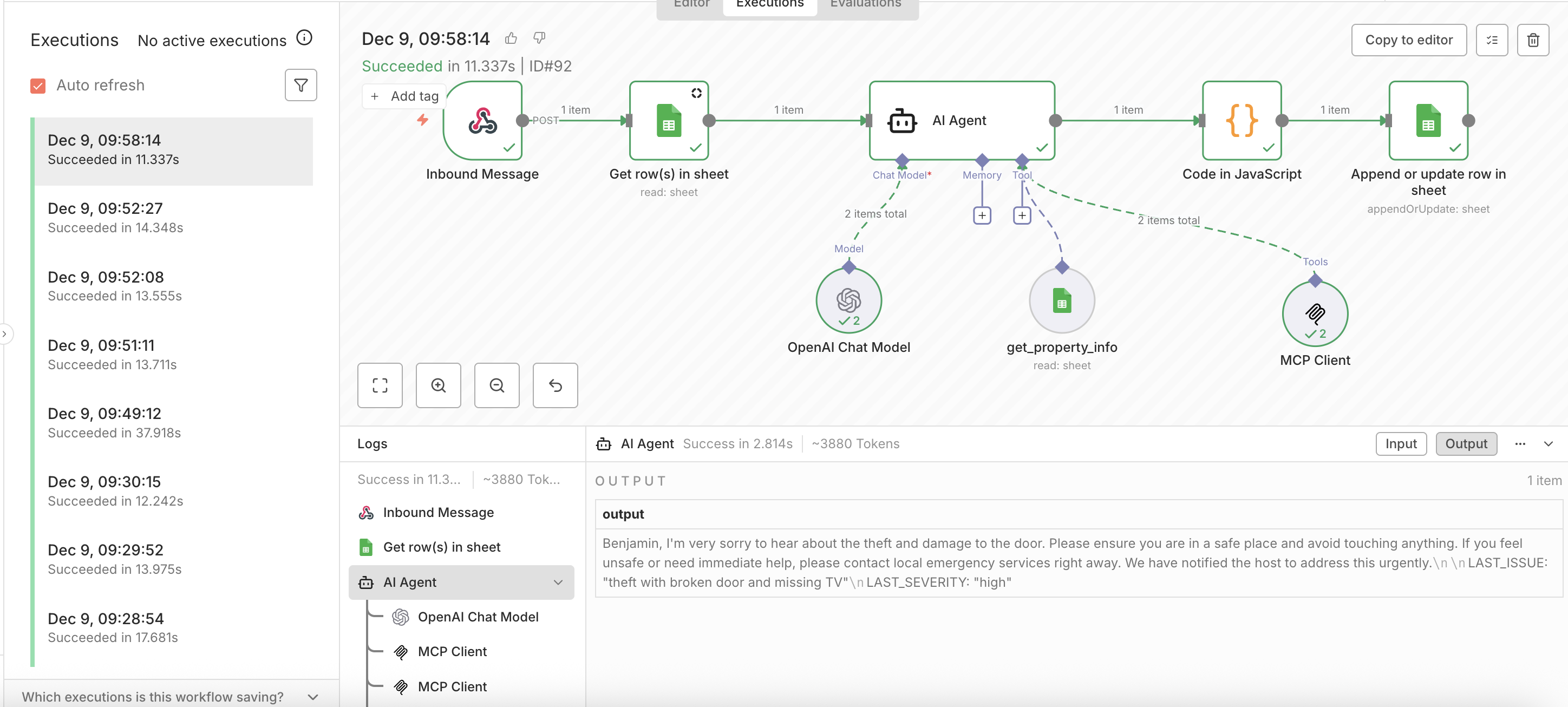A screenshot of an n8n workflow execution showing successful steps: receiving an inbound WhatsApp message, retrieving data from Google Sheets, invoking an AI Agent using OpenAI Chat Model and MCP Client tools, processing JavaScript logic, and appending the result back to a sheet. The AI Agent response references a theft incident with the message: “We have notified the host to address this urgently. LAST_ISSUE: 'theft with broken door and missing TV' LAST_SEVERITY: 'high'.”