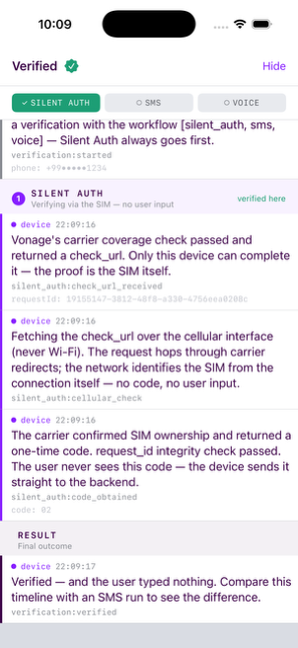 Screenshot of the iOS Silent Authentication demo app in Dev Mode showing a successful Silent Auth verification. The timeline shows the carrier coverage check returning a check_url, the app fetching it over cellular, the carrier returning a code, and the user being verified without typing anything.