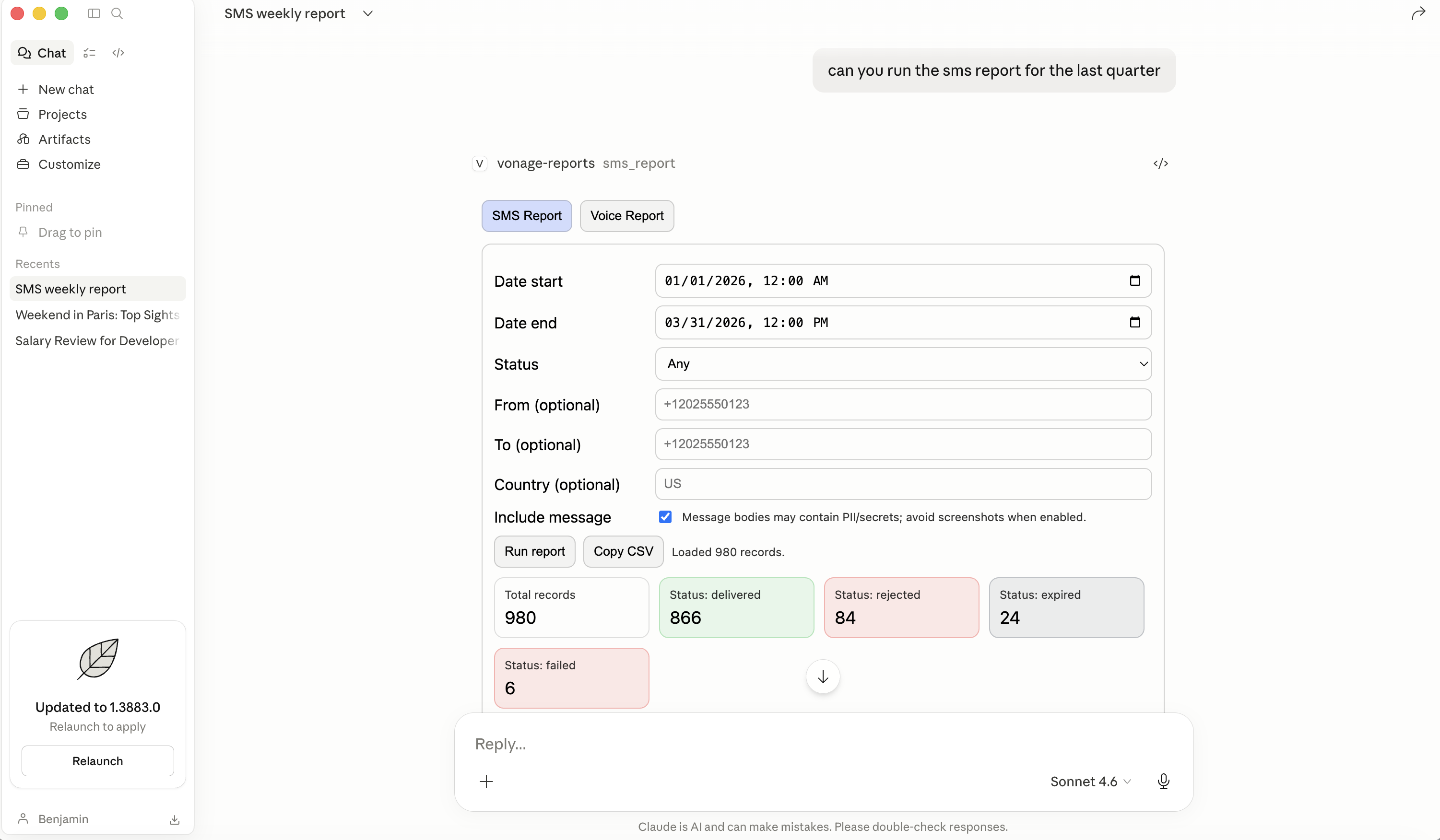 Claude Desktop interface showing an embedded MCP App SMS reporting dashboard with date range filters, phone number inputs, and summary cards displaying total records and message status counts such as delivered, rejected, expired, and failed.