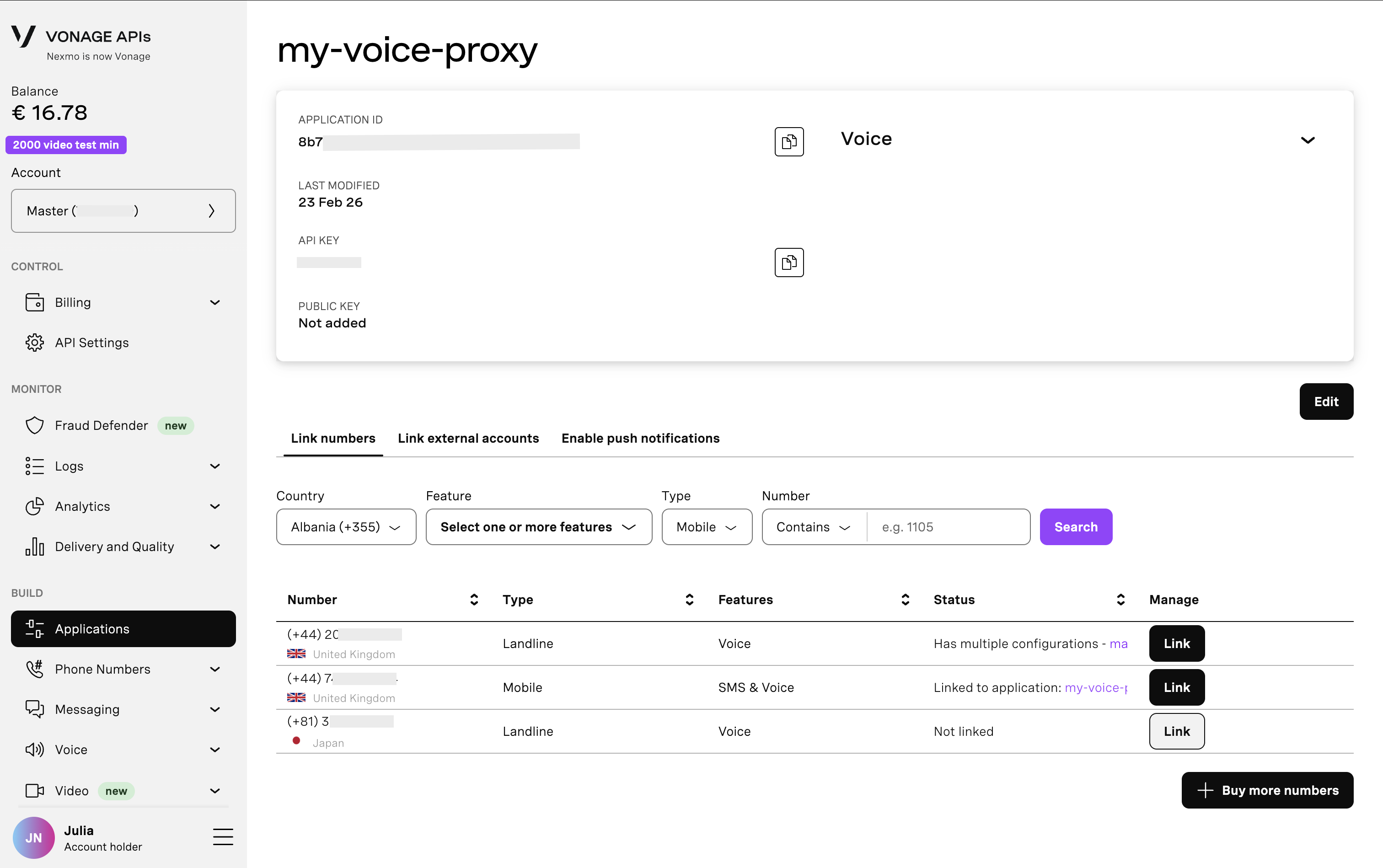Screenshot of the Vonage Dashboard showing available phone numbers to link to the application we created