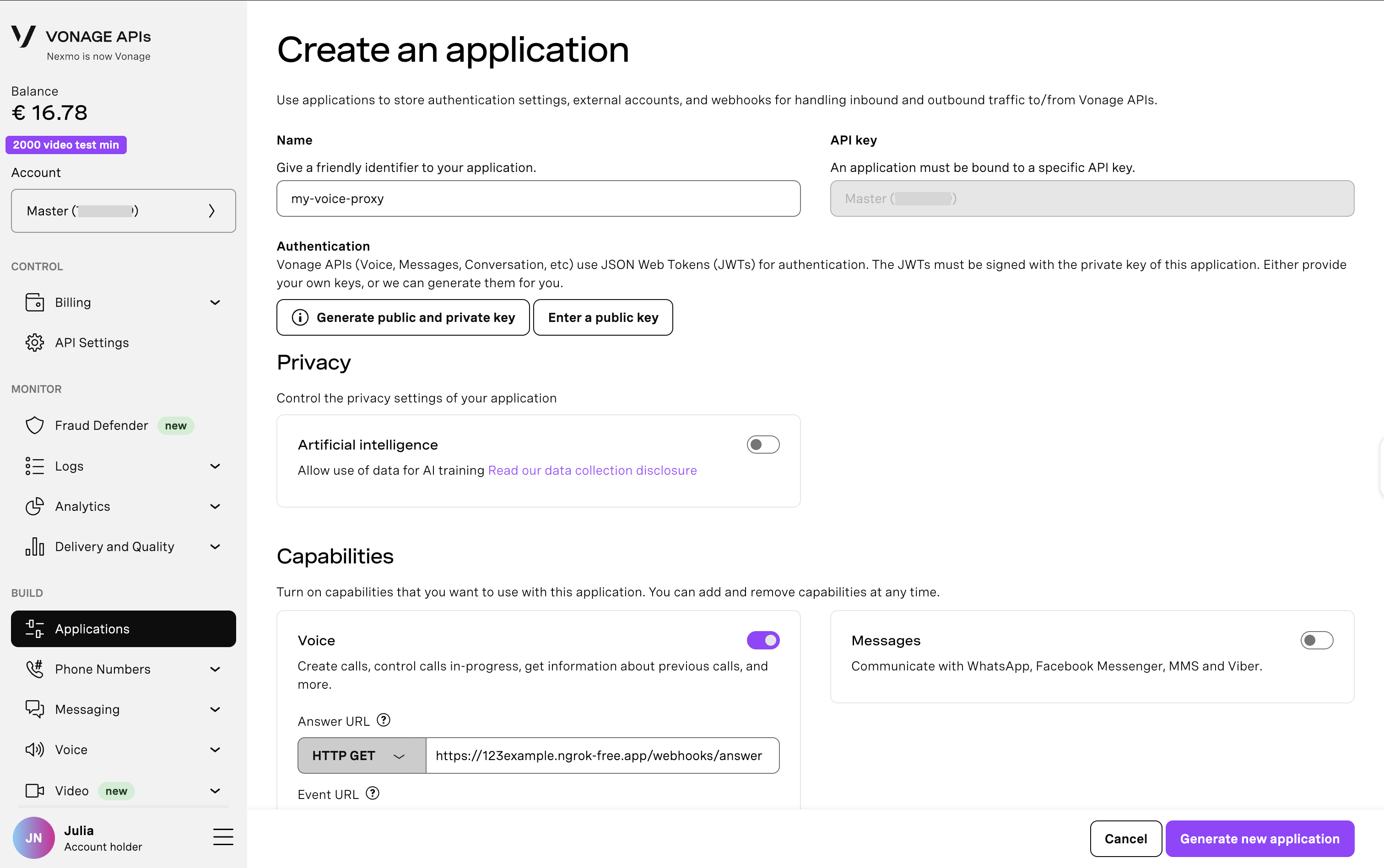 Screenshot of the Vonage Dashboard when creating a new Vonage Application with sections for name, API key, authentication, privacy, and capabilities options.