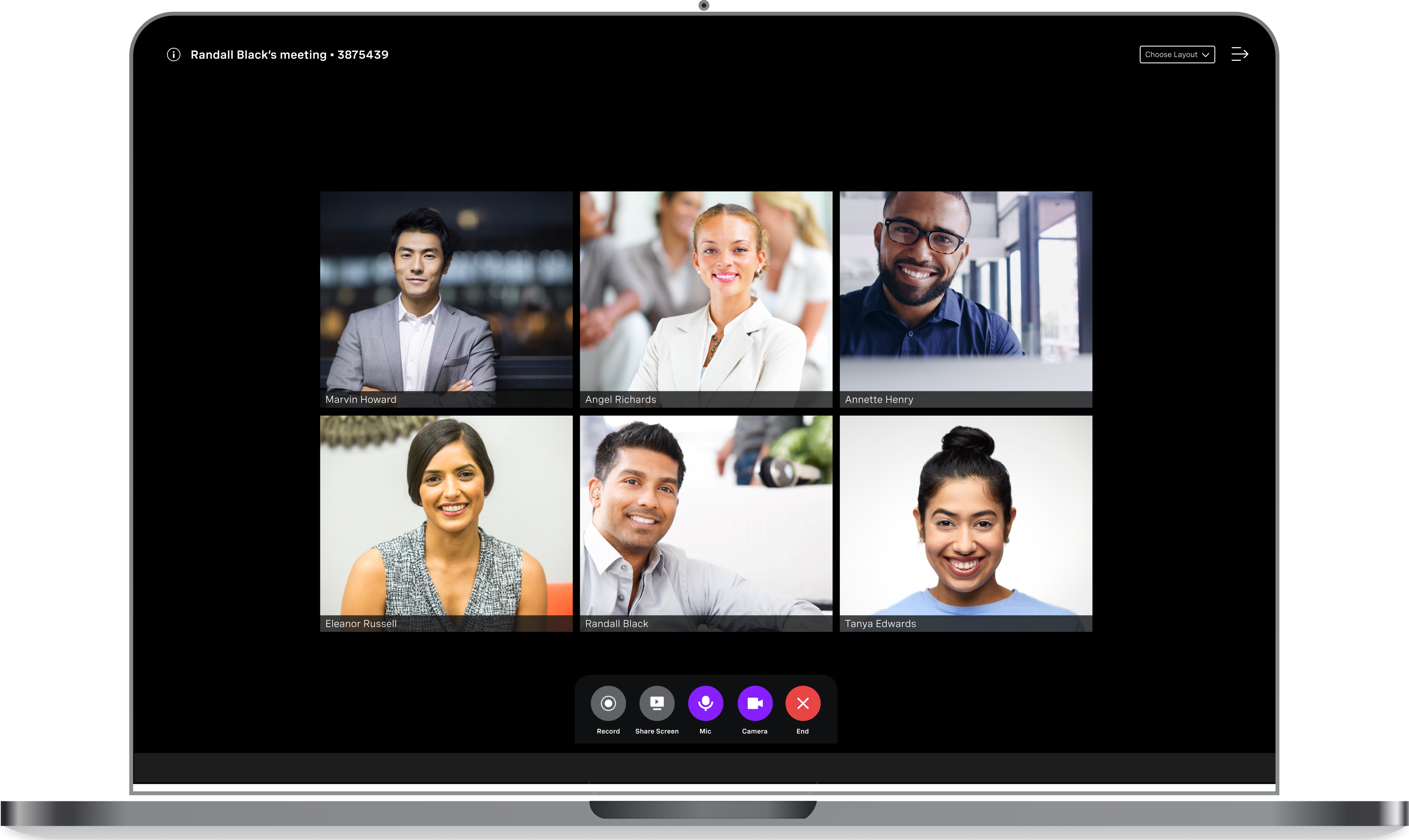 A laptop of Vonage meetings video conferencing solution with 6 tiles of people on video collaborating