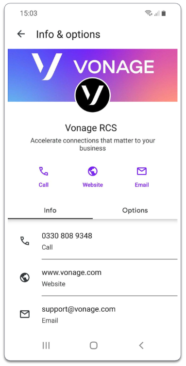 Mobile screen showing Vonage RCS contact info with call, website, and email options. Includes phone number, URL, and support email.