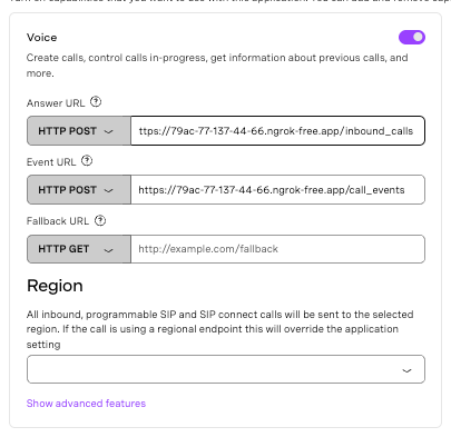 Screenshot of Vonage Voice API settings panel with configured webhooks for Answer URL, Event URL using HTTP POST, and Fallback URL, along with region selection options.