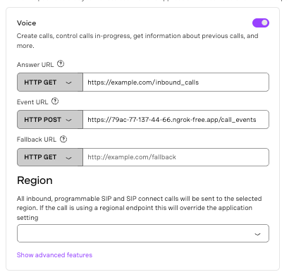 Screenshot of the Vonage dashboard showing the Voice API section with webhook fields for answer URL, event URL, and fallback URL, along with HTTP methods and region settings