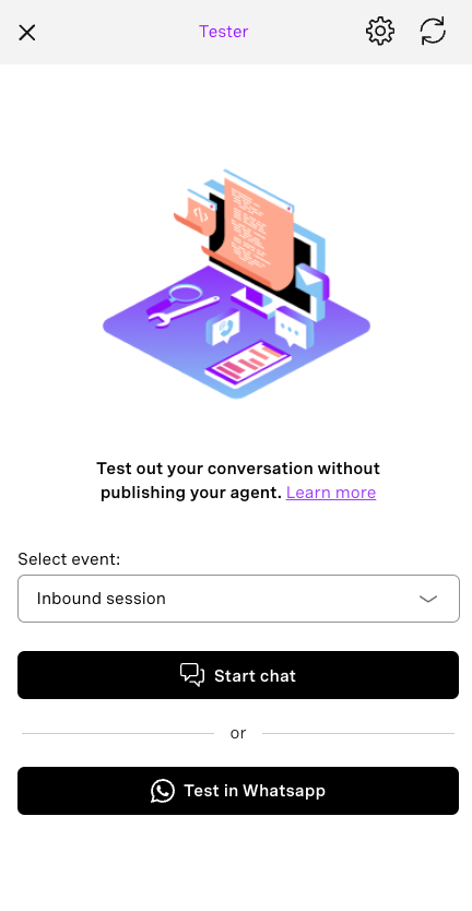 Panel displaying the WhatsApp tester in Vonage's AI Studio no-code, low-code platform. The tester has buttons to run the built in text tester or alternatively to test directly in WhatsApp.