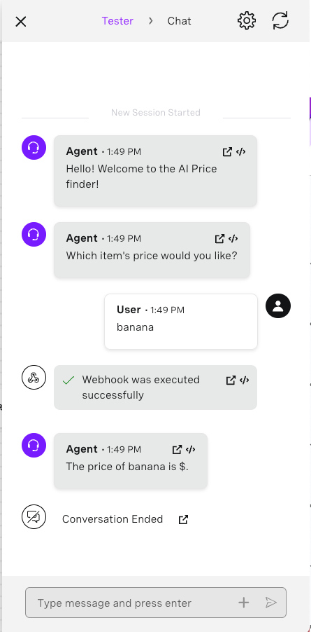 Failed test scenario which requires debugging. The user entered an input of "banana", however the agent responded with a blank price. The tester doesn't show any errors, so this scenario requires further debugging to find the error.