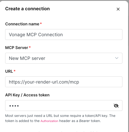 Screenshot of the Make “Create a connection” dialog showing fields for Connection name, MCP Server, URL set to a Render /mcp endpoint, and an API Key or access token field with masked input.