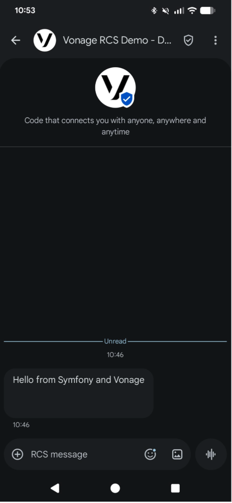 Screenshot of my Android phone with an RCS message delivered by my Symfony app