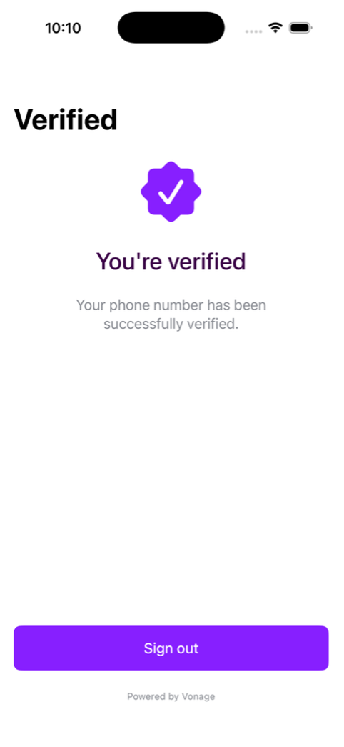Screenshot of the iOS Silent Authentication demo app showing the verified state after a successful phone number verification. A purple checkmark icon appears above the message “You're verified,” with a Sign out button at the bottom.