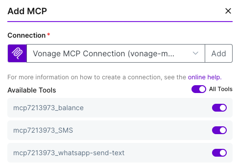 Screenshot of the Make “Add MCP” dialog showing a selected “Vonage MCP Connection,” an “Available Tools” section with toggles enabled for balance, SMS, and whatsapp-send-text tools, and an option to add the connection.