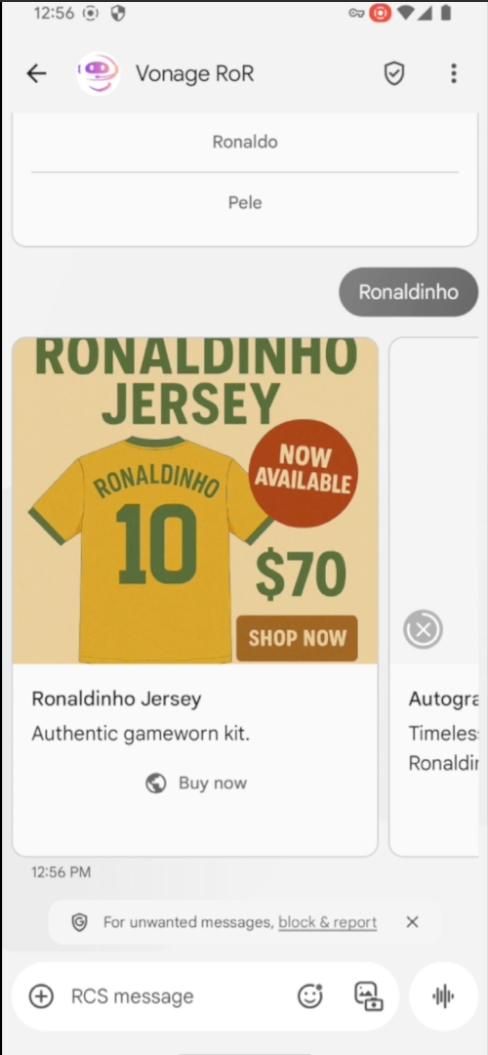 RCS message conversation showing a Vonage RCS bot with interactive buttons for Ronaldo and Pele, and a rich card featuring a Ronaldinho jersey priced at $70 with a 'Shop Now' button