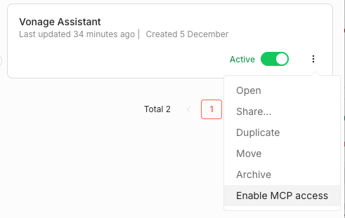 User interface showing settings for "Vonage Assistant" with an active toggle, options menu, and "Enable MCP access" highlighted.
