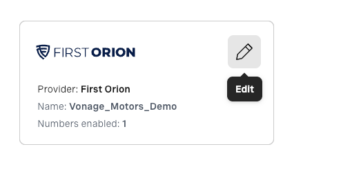 Vonage dashboard showing configured First Orion integration with provider name and enabled number