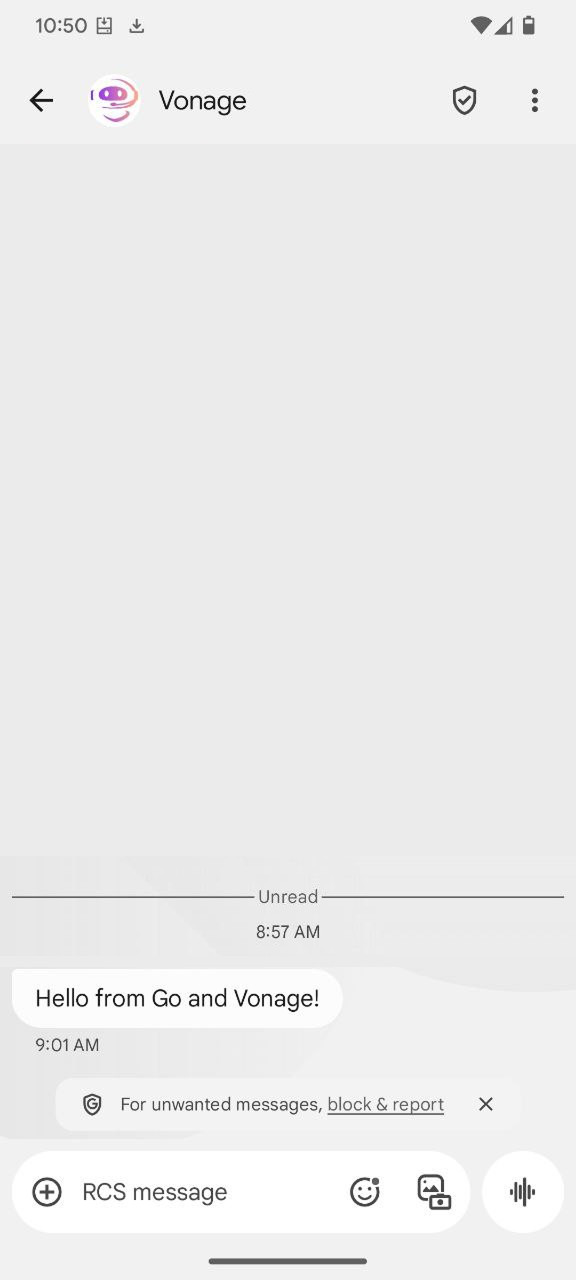 Mobile phone screenshot showing an RCS message from Vonage reading 'Hello from Go and Vonage!' in the default Android messaging interface.